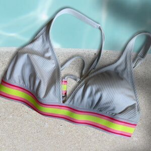Xhilaration White swimming Top - Size L - White/ stripes pink and yellow